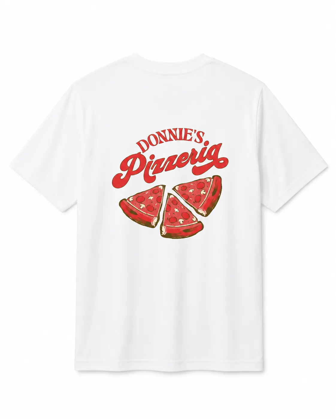 A-Donnie's Pizzeria Vintage Script Pizza Slices Back Print T-Shirt, Retro Italian Restaurant Distressed Graphic White Short Sleeve Tee, Food Lover Casual Unisex Crew Neck Streetwear Top Everyday Outfit for Men Women  3160