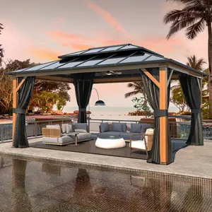 12'×16' Hardtop Gazebo, Faux Wood Grain Aluminum Frame with Vertical Stripe Polycarbonate Double Roof, Curtains & Netting for Patio Lawn Pool