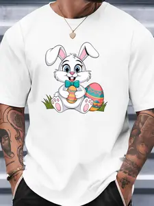 Egg Happy Easter Rabbit New Men's Short-sleeved T-shirt Summer Fashion Trend Top Printed Men's Bottoming Shirt Spring and Summer Round Neck Casual Versatile Breathable Top
