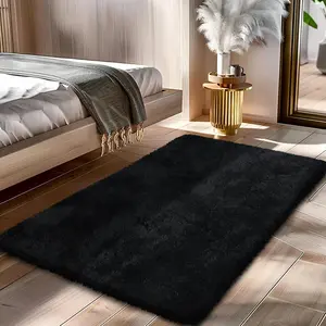 Fluffy Shaggy Area Rug 2x4 Black, Soft Plush Bedside Rug for Bedroom, Living Room & Home Decor