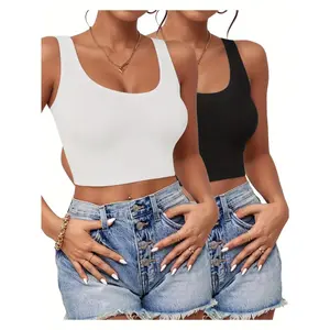Women's 2-Pcs Short U-Neck Sleeveless Racerback Crop Tops - Basic Athletic Sports Shirts for Going Out