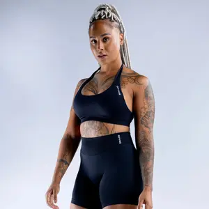 DFYNE Impact Sports Bra - Seamless High Support Workout Bra for Women Comfy Gym Training Top with Halter Neck Strap & Open Back Design