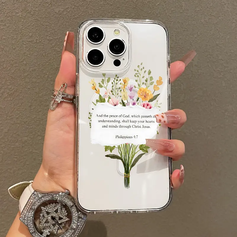 Soft Girl Magnetic Case for iPhone11/12/13/14/15/16/17/promax, Philippians 4 7 Peace Quote with Flowers Lightweight, Drop-Proof, Magnetic Compatible | Perfect for Teen Girls