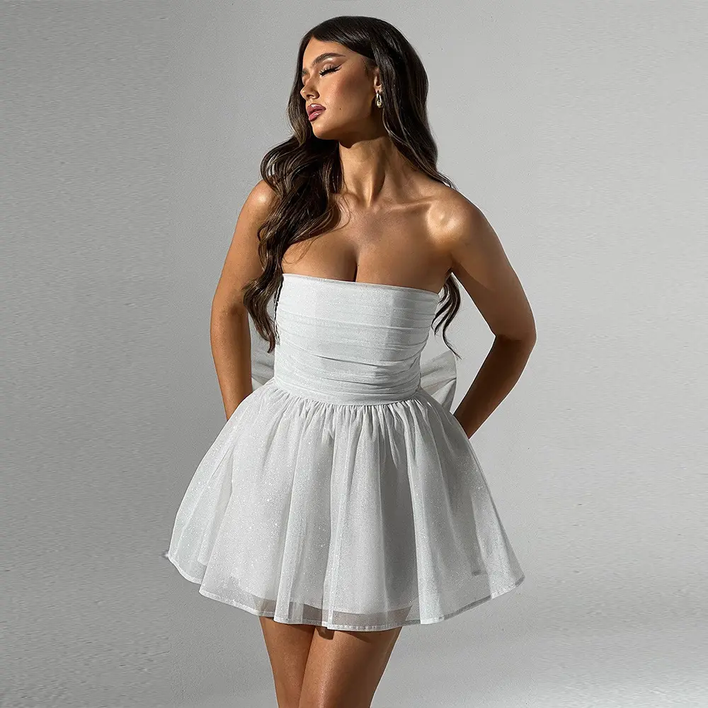 Women's Strapless Tube Party Dress - 1-Piece Shimmer Mesh Polyester Fabric Mini, High Waist Sculpting Fit, Oversized Back Bow for Birthday & Bachelorette Party, Going Out, High Waisted, Party Wear