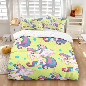 Kawaii Aesthetic Cartoon Unicorn Duvet Cover Set, Bedroom Soft Printed Bedding Set, Include One Quilt Cover and 1/2 Pillowcases, Skin-friendly Breathable Cute Print All Seasons Comforter, Moderate thickness, Multiple Patterns Available