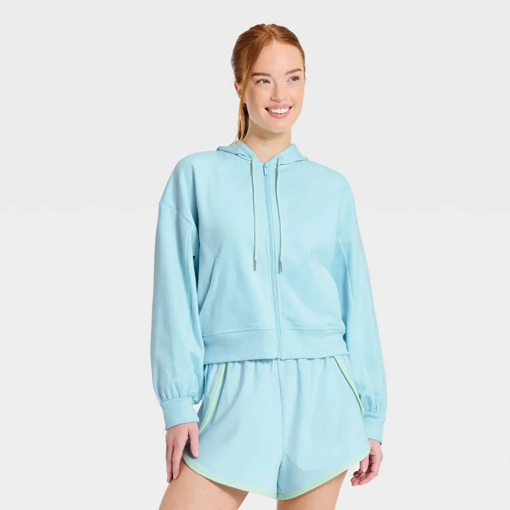 Women's French Terry Full-Zip Hoodie - Long Sleeve, Machine Washable, Drawstring Hood, Sporty Chic, All In Motion Professional Sports Clothing, Zip Up Hoodies, Long Sleeve Tops