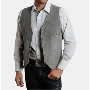 Rugged men’s casual suede leather vest, vintage cowboy style sleeveless jacket, slim fit wedding waistcoat, V-neck regular fit, spring/case, 95% polyester, 5% elastane, solid color, button front, woven polyester lining