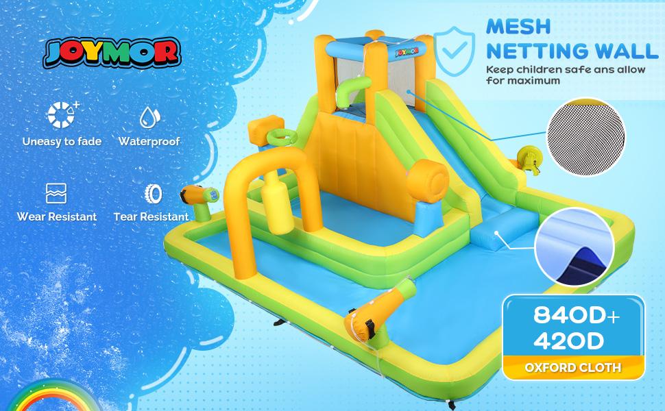 JOYMOR Inflatable Water Slide Park w/ 83x40 in Deep Swimming Pool, Shower Spray, Sticky Ball, Climbing Wall, Water Slides Inflatables for Kids and Adults Backyard Outdoor Fun (Air Blower Included)