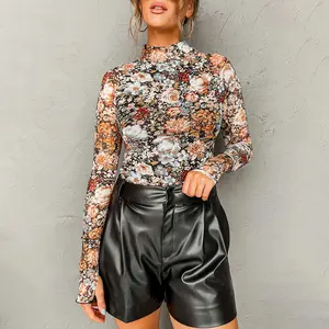 SHAPUM Brown Floral Long Sleeve High Neck Sheath Mesh Blouse