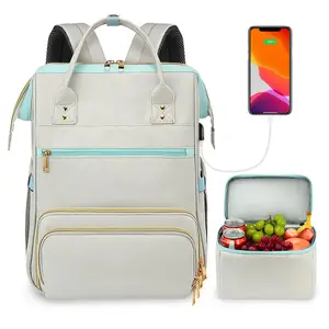 Lunch Backpack, 15.6 Inch Laptop Backpack with USB Port, Stylish Nurse, Teacher Work Bag with Insulated Cooler Lunch Box for Women Men/Travel, Grey Blue