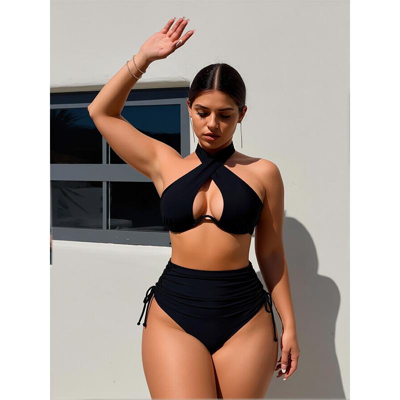 2026 Trendy Black Halter Bikini Set Underwire Push Up High-Waisted Ruched Bottom Women Summer Swimwear