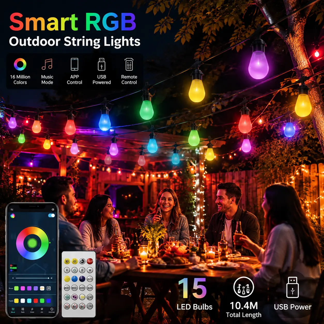 RGB Smart LED String Lights, Outdoor Waterproof Phone APP-Controlled USB-Powered Decorative Lights for Garden, Patio Parties