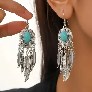 Bohemian Style Turquoise Antique Silver Tassel Feather Earrings for Daily Wear & Christmas Gift for Friends