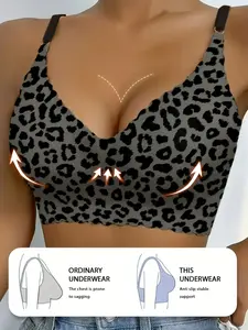Women's Sexy Leopard Print Sports Bra, V Neck Wave Edge Lingerie, Yoga Fitness Casual Wear, Comfortable and Stylish