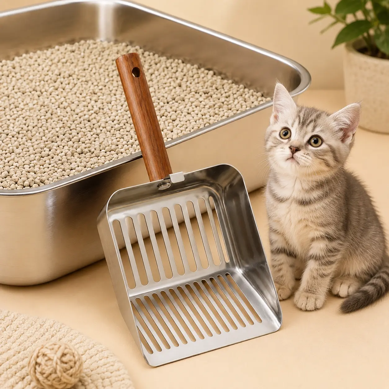 Cat Litter Scoop-Large Wooden Long Handle Stainless Steel Cat Litter Scoop, Heavy Duty Deep Shovel with Speed Sifter Mesh Filter, Sturdy Thick Metal Poop Shovel, Stain & Rust Resistant, Easy to Assemble, Easy Cleaning, Universal for All Cat Litter Boxes
