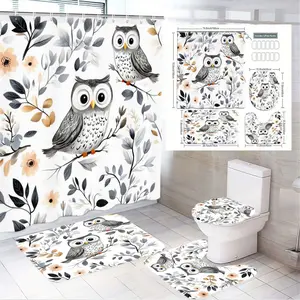 4pcs Whimsical Owl & Botanical Bathroom Decor Set - Charming White Shower Curtain with Playful Owl Patterns, Matching Toilet Seat Cover, Soft Bath Mats & Cozy Rug in Neutral Grays and Earthy Tones - Perfect for a Nature-Inspired Holiday Refresh!