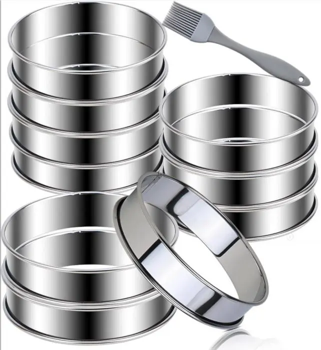 12Pcs 3.15 Inch Stainless Steel Double Rolled Tart Rings with 1Pc Grey Brush Kit, English Muffin Crumpet Ring, Round Metal Cooking Pastry Ring Molds for Baking