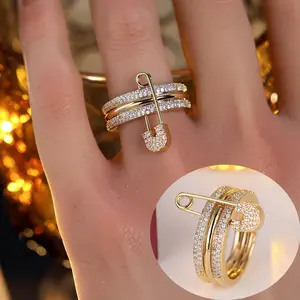 Unique women's safety pin design ring |     Shining Luxurious Zirconia Statement Ring |     Punk Aesthetic Jewelry Trend - Gift for Girlfriend
