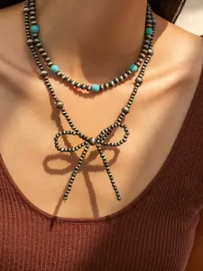 Women's Bohemian Turquoise Layered Bow Necklace Set, Silver Color Beaded Choker Jewelry, Denim Girl Style, All Seasons