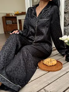 Women's Casual Home Set, All-Over Printed Long Sleeve Button-Up Top & Elastic Waist Pants, Soft Fabric Comfortable Fit