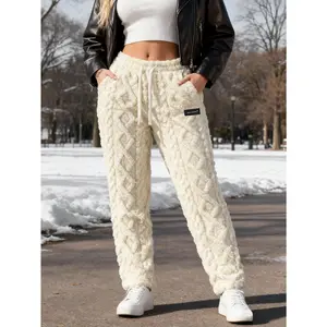Women's Casual Elastic Mid-Waist Fitted Bottom Pants - Jacquard & Fuzzy Texture, Double-Sided Fleece Design, Machine Washable & Dry Cleanable, Suitable for Daily Leisure & Outdoor Activities, Casual Elastic Waist,summervibes