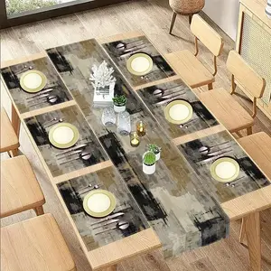 Farmhouse Table Flag & Placemat Set, Linen Abstract Painting Art Decor, Daily Use Dining Room Decoration