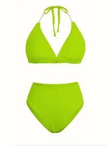 【Plus Size】Solid Textured Faux Pearls Decor Bikini Set, Casual Halter Tie Back Swim Bra & High Waist Swim Panty, Women's Summer Swimwear, Bikinis Sets, Halter Bikini Top