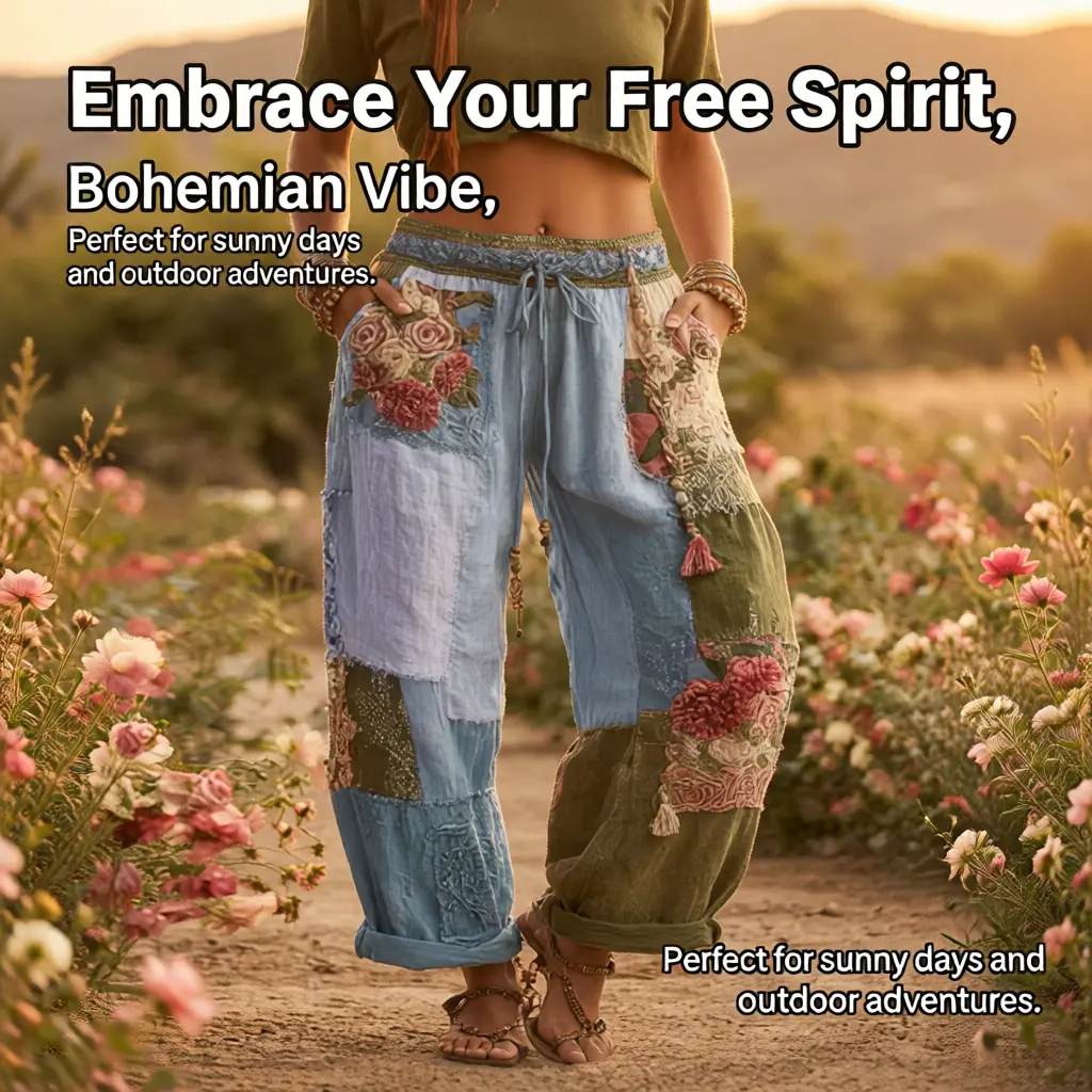 Women Plus Size Bohemian Patchwork Floral Print Harem Pants, Drawstring Elastic Waist Loose Cuffed Jogger Long Pants with Pockets