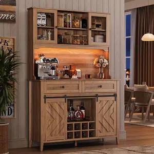 72" Farmhosue Bar Cabinet with Sliding Barn Door, Large Kitchen Buffet Storage Cabinet with Hutch Wine with Charging Station, 2 Drawers, 8 Storage Shelves, LED Rustic Coffee Bar for Dining(2 Packages)