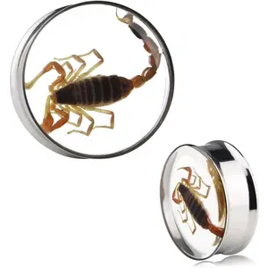 Ear Gauges Plugs Genuine Scorpion Inlay Stainless Steel Double Flare Tunnels Stretching Expander Body Piercing Jewelry 2 Pieces