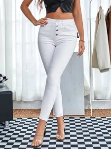 High Waist Button Front Tight Fit Jeans, Nine-Quarter Slimming Leg-Lengthening Pants, Stylish Denim Bottom for Women