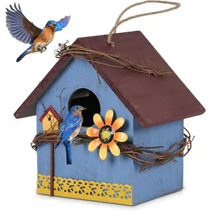 Hanging Bird Houses for Outside Decorative Birdhouse, Garden Bird Feeders for Outdoors, Blue Wooden Bird Nest Box for Wren Finchs Hummingbird Cardinal Bluebird  Birds,  for Bird Lovers