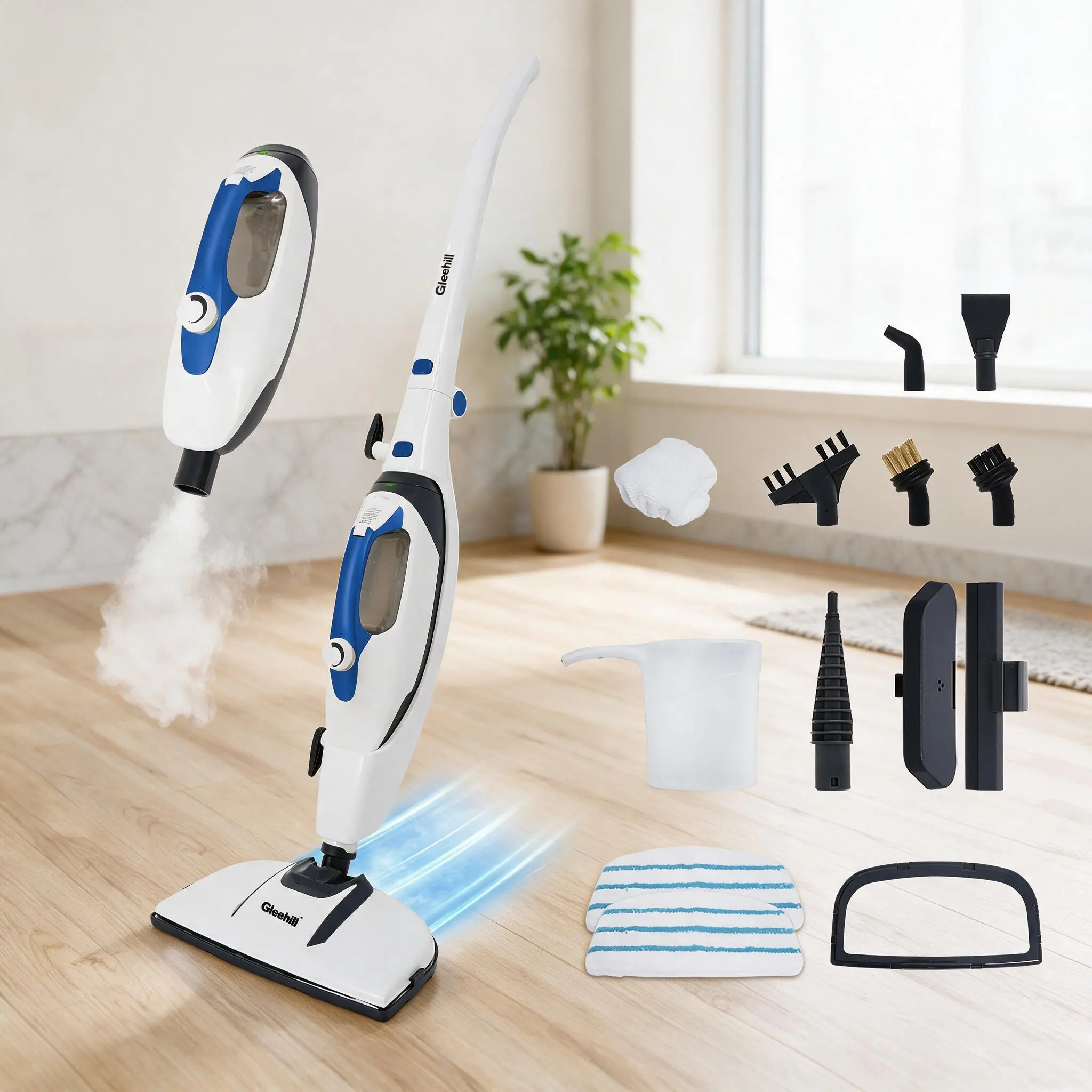 GLEEHILL 10-in-1 Steam Mop & Detachable Handheld Steam Cleaner, High-Pressure Chemical-Free Floor Steamer for Hardwood, Tile, Grout, Carpet, Windows & More, Safe for Kids Pets & Family, Fast Heat with 16FT Power Cord, Comes with 2 Reusable Microfiber Pads