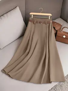 Elegant Women's Fall Winter French High-Waisted A-Line Skirt, Professional Commute Half Skirt with Belt, Belted Skirt, Chic, Sophisticated and Minimalist Style