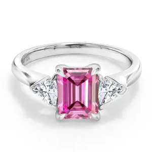 Gem Stone King 2.07 Cttw Pink and White Moissanite 3-Stone Ring | 925 Sterling Silver | Three Stone Wedding Engagement Anniversary Promise Ring For Women | Emerald Cut 8X6MM | Trillion 3.5MM