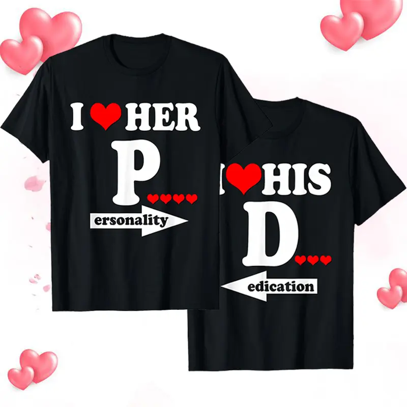 Couples Funny T-Shirt for Valentine's Day, Casual Cotton Round Neck Short Sleeve with "I Love Her Personality" Matching Graphic Print, Tshirt, Valentines Day, Funny Phrase, Geometric, Fitted, Couple Match, Matching Design