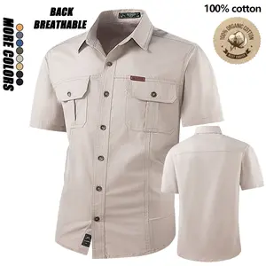 Men’s casual workwear short-sleeve shirt jacket with pockets and buttons; solid-color shirt jacket; men’s summer shirts; menswear; men’s summer apparel