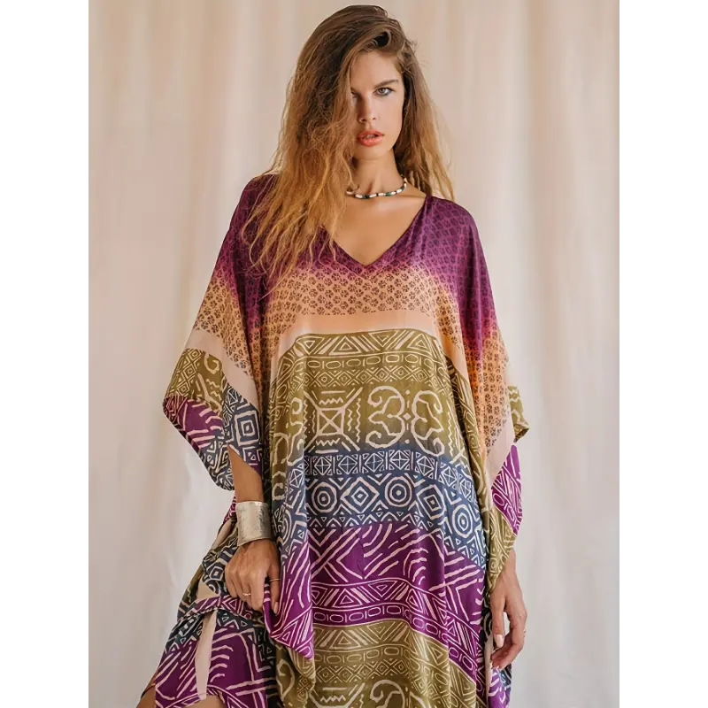 Exercise Plus Size Moroccan Style Batwing Kaftan Dress for Women - Polyester Woven Loose Fit Cover Up with Slight Stretch - Beachwear Mumu