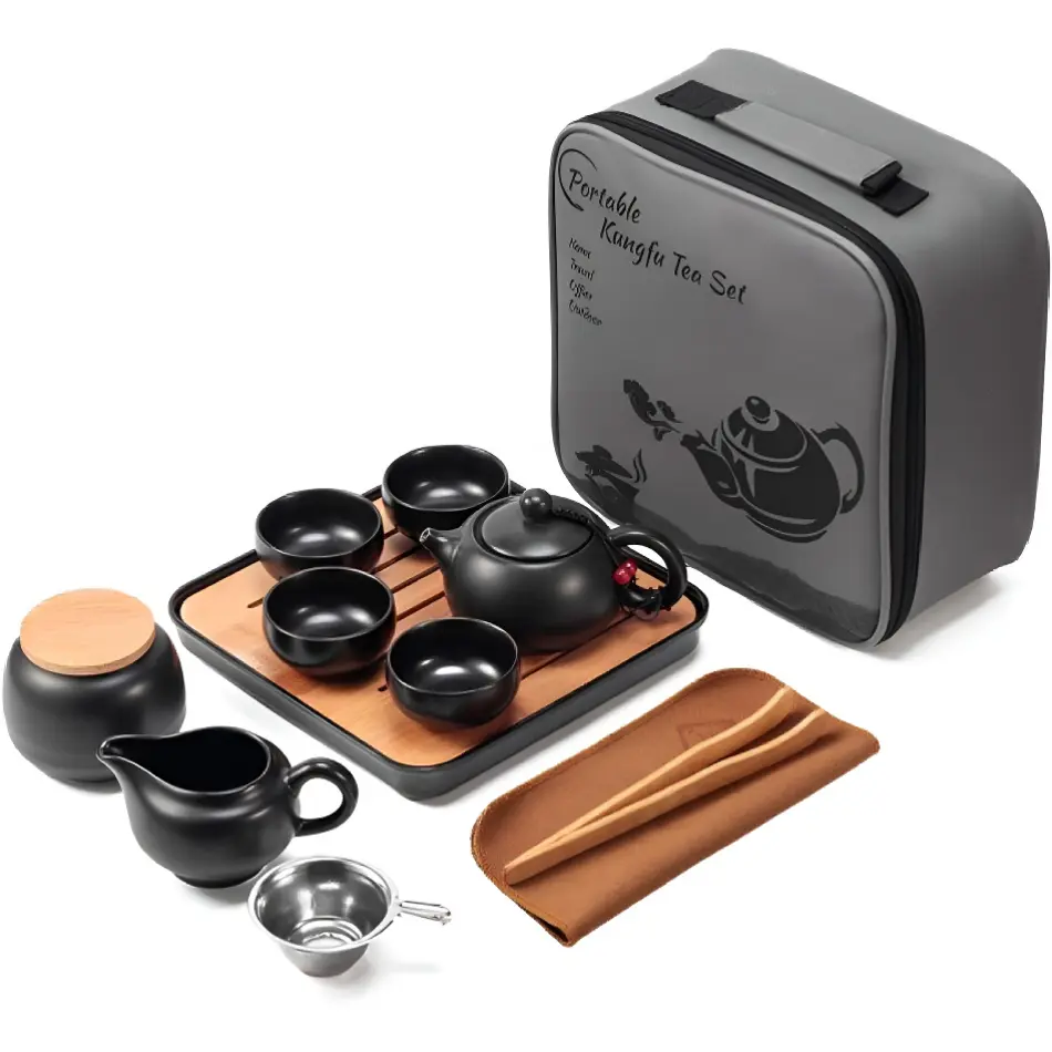 Traditional Handmade Portable Porcelain Ceramic Tea Pot-Cup Set with Tray & Infuser, Black Home Supplies for Outdoor Picnic & Business Hotel Use