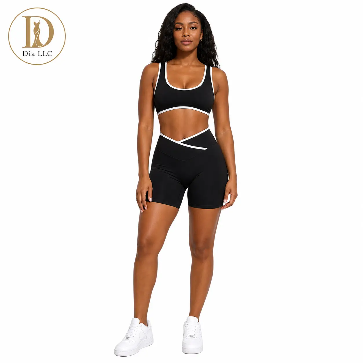Women's 2-Piece Contrast White Trim Activewear Set - Racerback Sports Bra, V-Cross High-Waist Biker Shorts, Soft Stretch for Yoga, Gym Loungewear