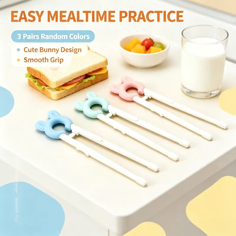 Kids' 3-Pair Compact Training Chopsticks Set - Cartoon Bunny & Bear Anti-Slip Ring, Auto-Rebound Design, Food-Safe Cutlery Utensils, Dishwasher Safe Tableware for Meal Time Self-Feeding Kitchen Helper