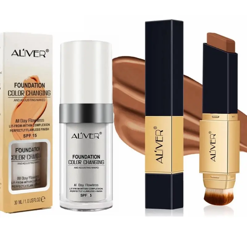 Liquid Color Changing Foundation & Concealer Stick Kit, Long Lasting Full Coverage Cosmetic Products, 2 in 1 Design Foundation with Cosmetic Brush