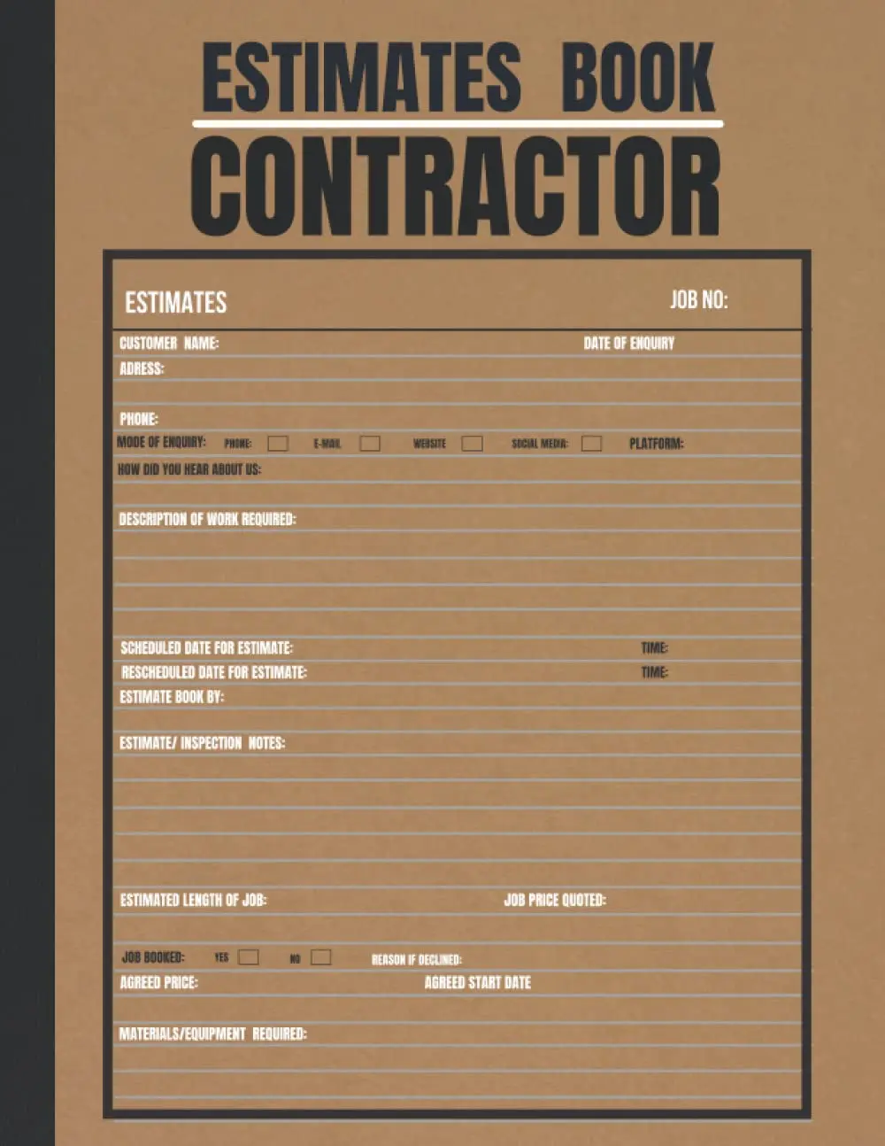 Estimate Book Contractor: Log book to record client details/ job quotes / estimates|Contractor notebook Organizer| Record Book