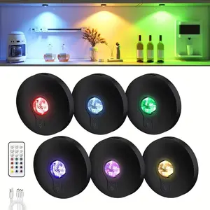 6Pcs Rechargeable RGB Puck Lights With Remote Control, 2000mAh High Capacity Battery Operated, Dimmable Wireless LED Cabinet, Closet, Shelf, Kitchen Counter Lighting, Tap-On, Stick-On & Magnetic Mount, Home Decor, Under Cabinet Lighting