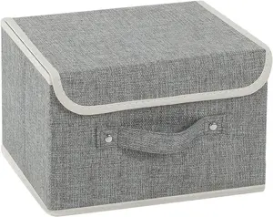 Storage Boxes, Collapsible Storage Bins with Lids, Cotton and linen cloth Storage Baskets with Handle, for Books, Closet, Bedroom, Home, 10.2x7.9x6.7 in, Grey