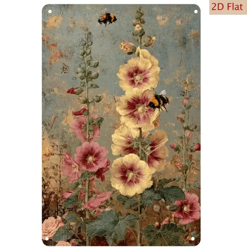 Artistic Vintage Hollyhock Bumblebee Wildflower Metal Tin Sign - 8x12in Antique Distressed Blue Grey Floral Oil Painting Wall Plaque, Rustic Farmhouse Garden Home Decor, Bee Ornament Wall Art Print Decoration