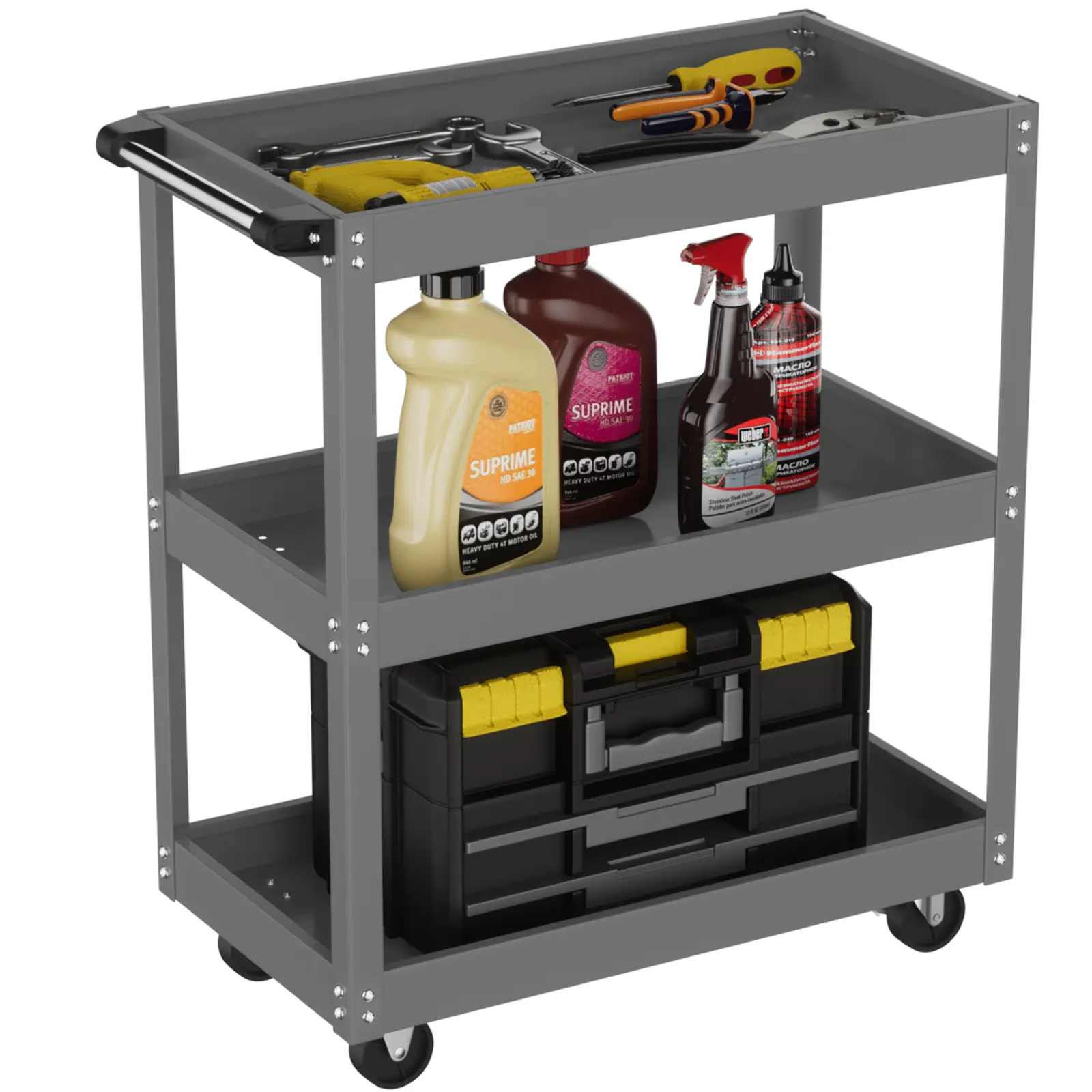 3-Tier Metal Utility Cart with 4-Wheel Rolling Base, 330 LBS Heavy Duty ...