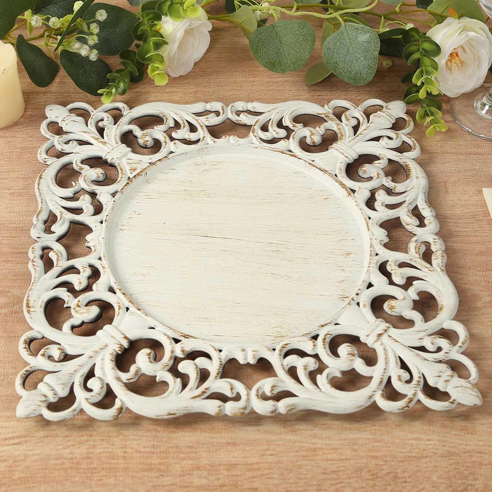 12" Square Antique White Acrylic Charger Plates with Hollow Lace Border - 6-Pack Tabletop Decor, Easy to Wash Event Tableware for Kitchen & Dining