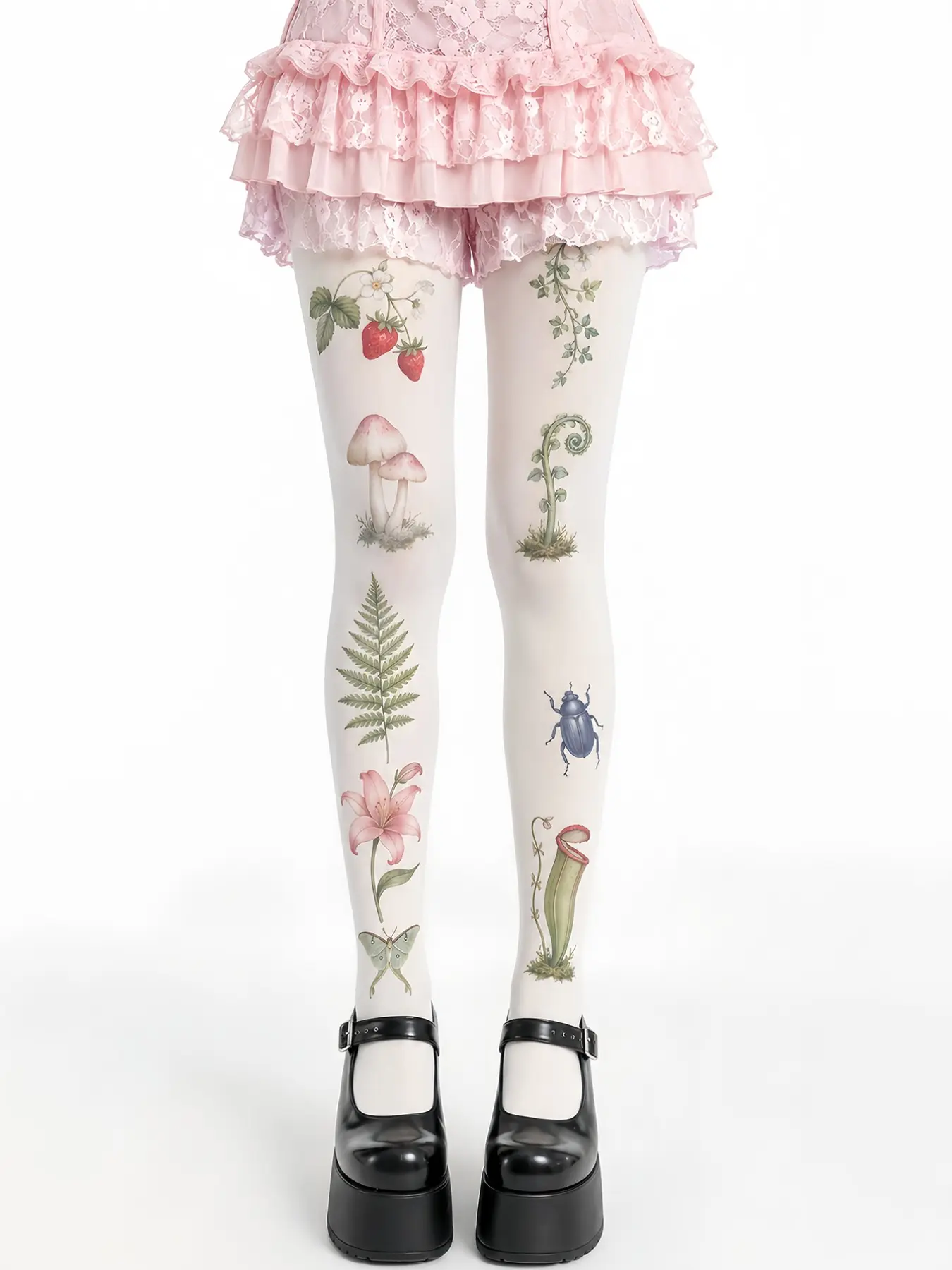 Women's Velvet Botanical Print Tights, Strawberry Mushroom Fern & Butterfly Pattern, Cute Casual Slim-Fit Stockings for Spring/fall