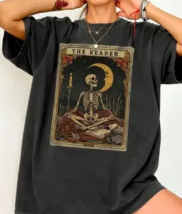 [Comfort Color] Women's Skeleton & Moon Print Round Neck Tee, Vintage Trendy Casual Tshirt for Daily Wear, Ladies All Seasons